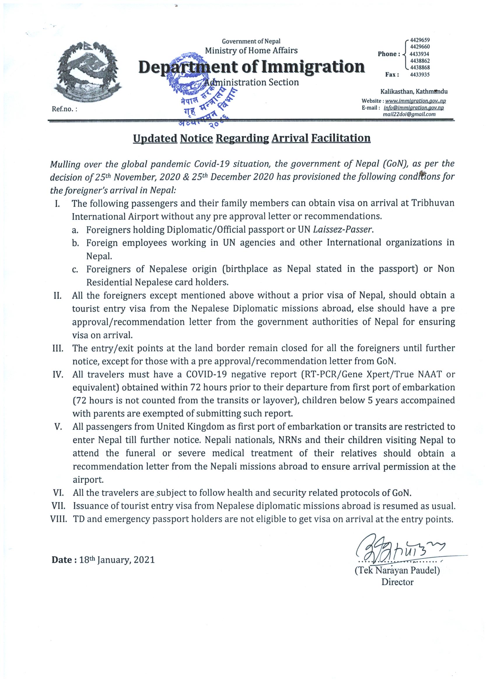 Updated Notice Regarding Arrival Facilitation